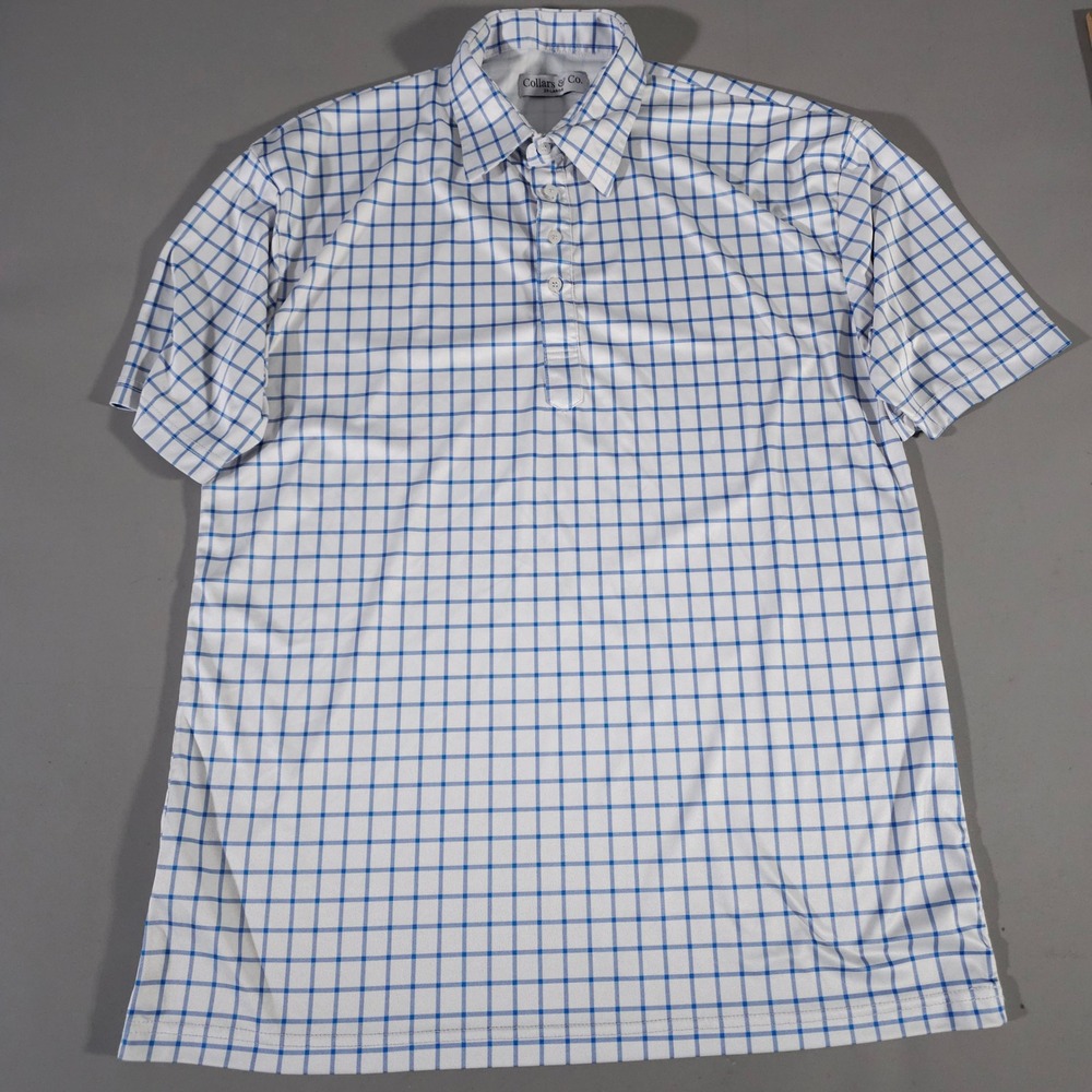 Collars & Co. Dress Collar Polo Mens 2XL White Blue Windowpane Performance Shirt